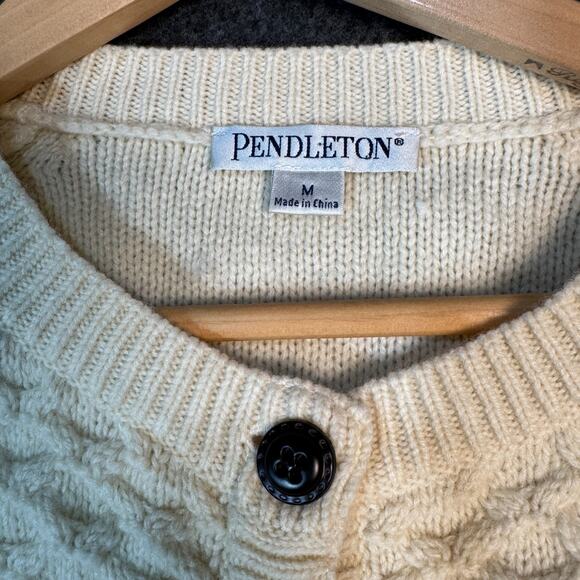PENDLETON irish aryn fisherman cardigan sweater w/leather look buttons wool Sz M - Picture 4 of 8
